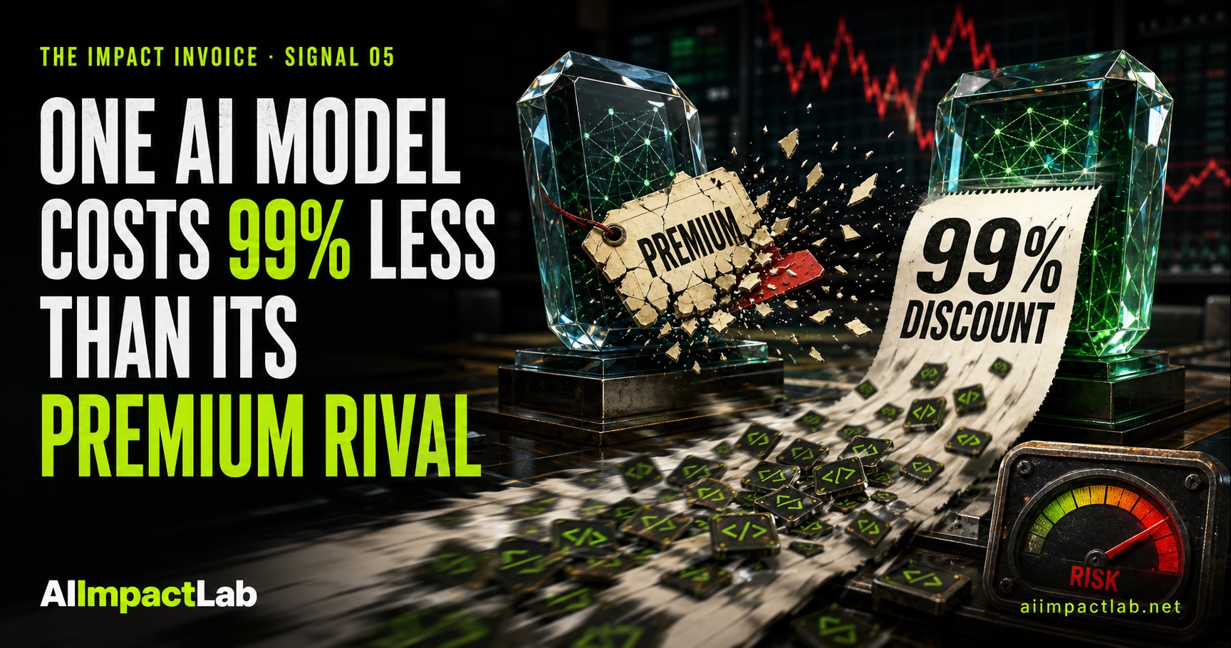 A premium AI price tag shatters beside a 99 percent discount receipt as inexpensive model tokens flood the market.