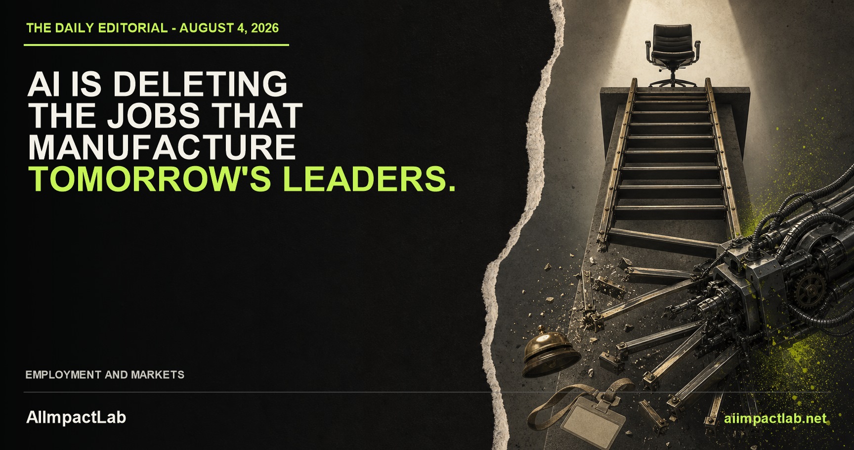 A corporate career ladder loses its lower rungs beneath an empty executive chair as an AI machine removes the path upward.