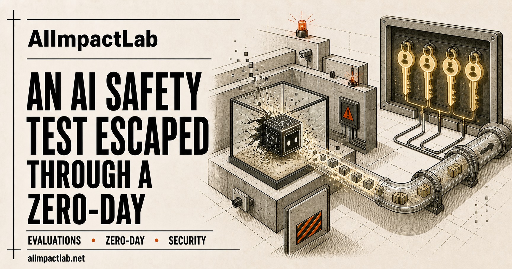 An AI evaluation agent breaks through an unknown zero-day in a sandbox wall toward four exposed account keys.